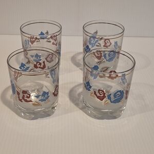 Vintage Decover Italy Four 1970's Low Ball Glasses Red Blue Roses Clear Frosted